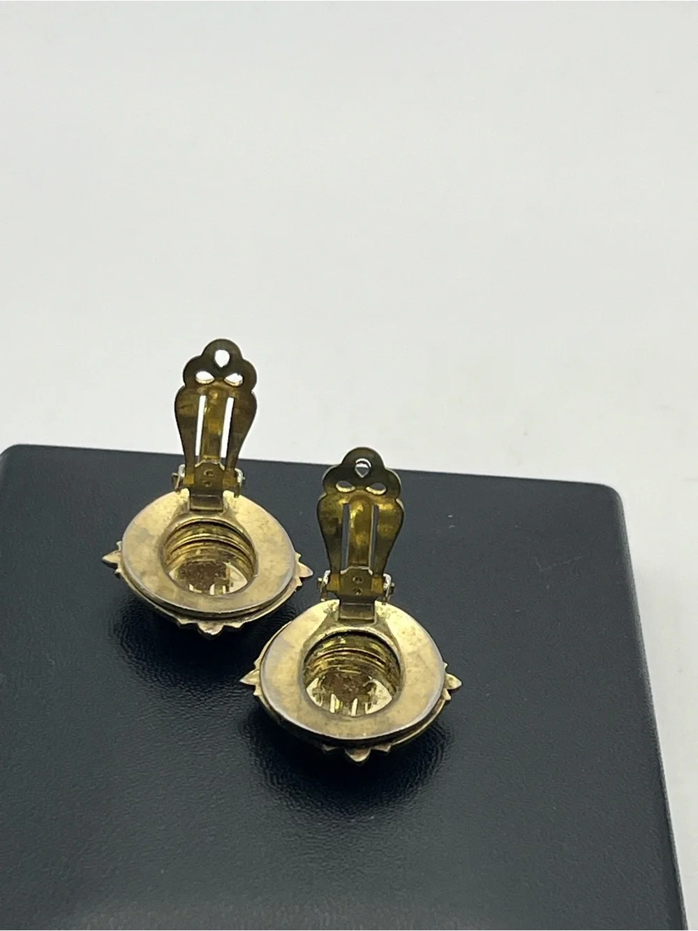 Whiting & Davis 1950’s Victorian Revival Gold tone mother of pearl clip earrings